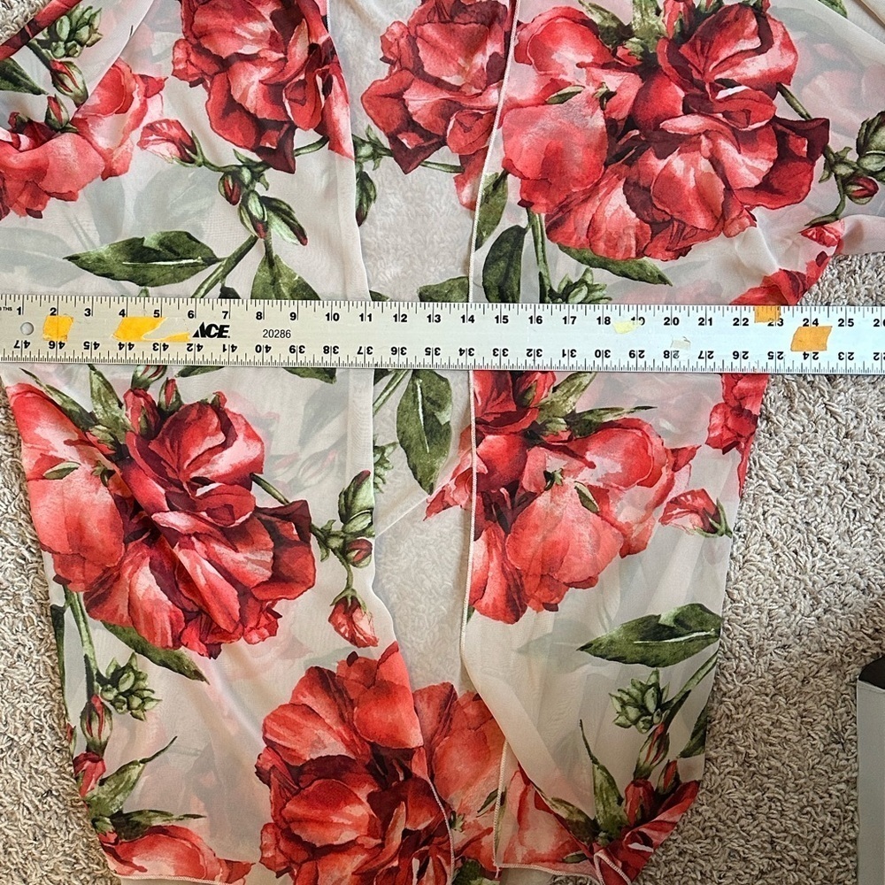 Tan with Red Roses Floral Sheer Bell Sleeves Kimono Swimsuit Cover-Up - Picture 9 of 10